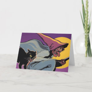 Vintage Halloween Witch With Black Cat Card