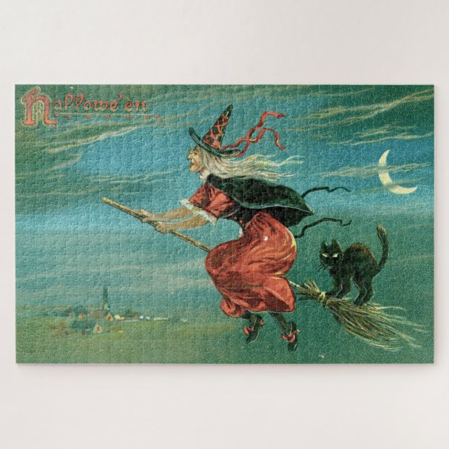 Vintage Halloween Witch with Black Cat Jigsaw Puzzle (Horizontal)