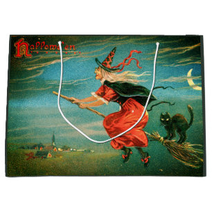 Vintage Halloween Witch with Black Cat Large Gift Bag