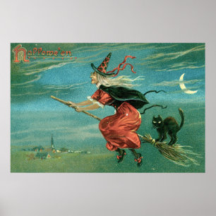 Vintage Halloween Witch with Black Cat Poster