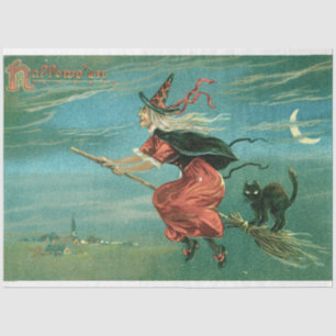 Vintage Halloween Witch with Broom & Black Cat Tissue Paper