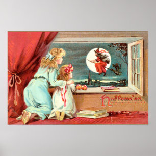 Vintage Halloween Witch with Broomstick Poster