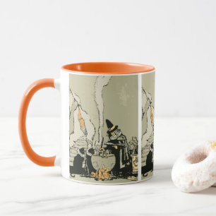 Vintage Halloween, Witch with Caldron and Cats Mug