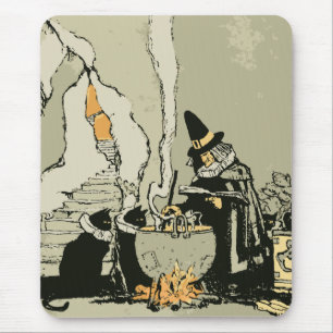 Vintage Halloween, Witch with Cauldron and Cats Mouse Pad