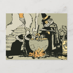 Vintage Halloween, Witch with Cauldron and Cats Postcard