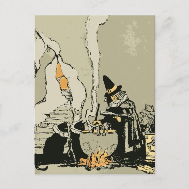 Vintage Halloween, Witch with Cauldron and Cats Postcard (Front)