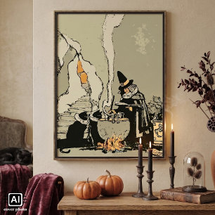 Vintage Halloween, Witch with Cauldron and Cats Poster