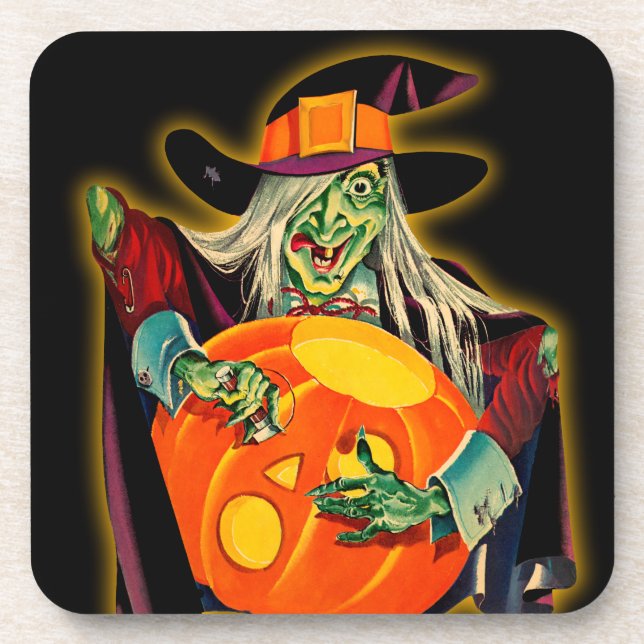 Vintage Halloween Witch with Jack O'Lanten Coaster (Front)