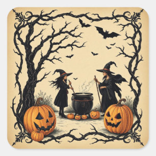 Vintage Halloween Witches, Halloween Witches, Square Sticker