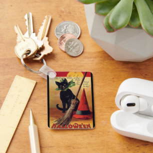 Vintage Halloween with a Black Cat and Witch's Hat Key Ring