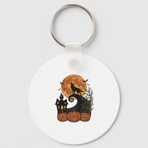 Vintage Halloween Wolf Moon Pumpkin Shirt Design_1 Key Ring