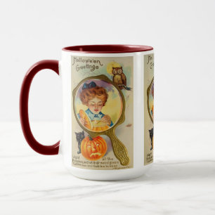 Vintage Halloween Woman, Cat, Pumpkin and Owl Mug
