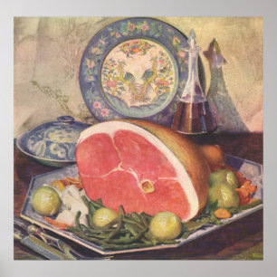 Vintage Ham Dinner with Green Beans and Potatoes Poster