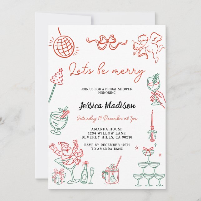 Vintage Hand Drawn Christmas Bridal Shower Invitation (Front)