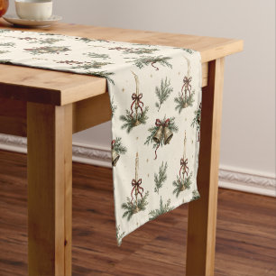 Vintage Hand Drawn Christmas Fir Candles & Bells Medium Table Runner