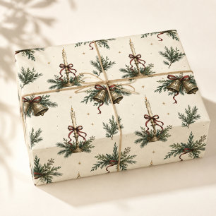 Vintage Hand Drawn Christmas Fir Candles & Bells Wrapping Paper