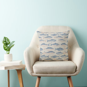 Vintage Hand-Drawn Fish Seamless Pattern Cushion