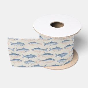 Vintage Hand-Drawn Fish Seamless Pattern Satin Ribbon