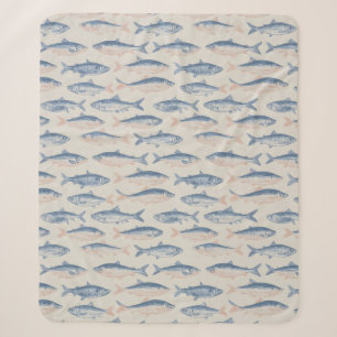 Vintage Hand-Drawn Fish Seamless Pattern Sherpa Blanket