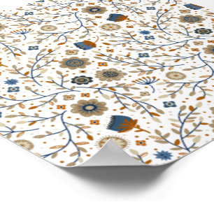 Vintage Hand-Drawn Floral Pattern in Blue, Orange Poster