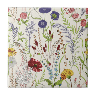 Vintage Hand-Drawn Meadow Wildflower Ceramic Tile
