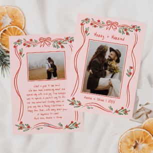 Vintage Hand-Drawn Merry And Married Pink 2 Photo Holiday Card
