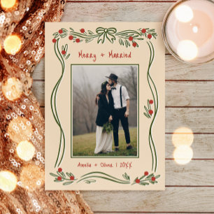 Vintage Hand-Drawn Merry And Married Two Photo Holiday Card
