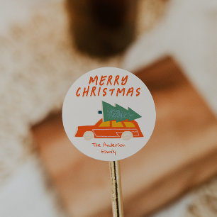 Vintage Hand Drawn Red Car Tree Christmas Retro Classic Round Sticker
