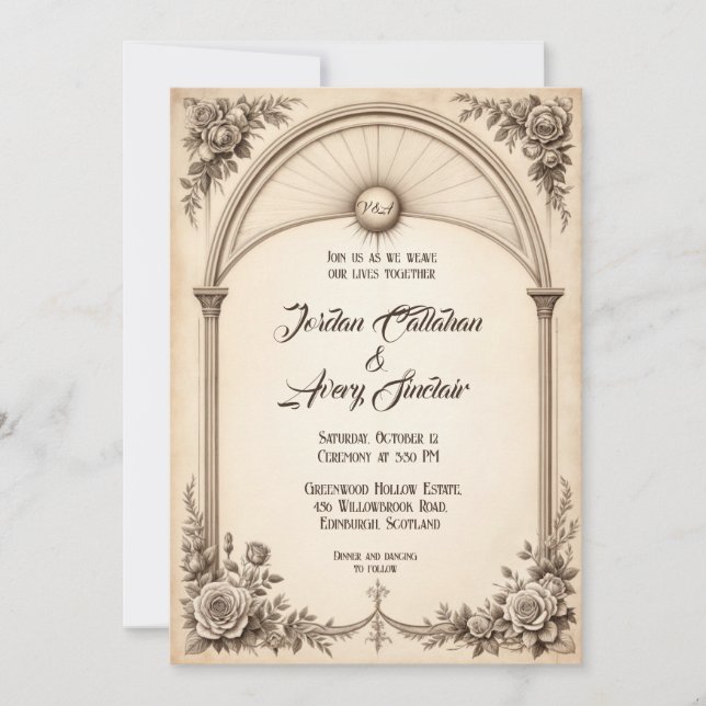 Vintage Hand-Drawn Rose Wedding Invitation (Front)