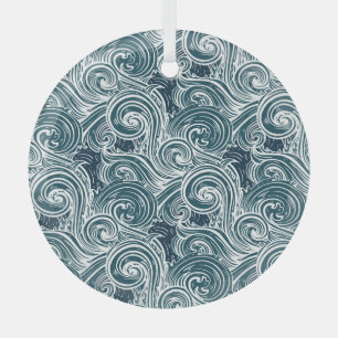 Vintage Hand-Drawn Sea Waves Illustration Glass Tree Decoration
