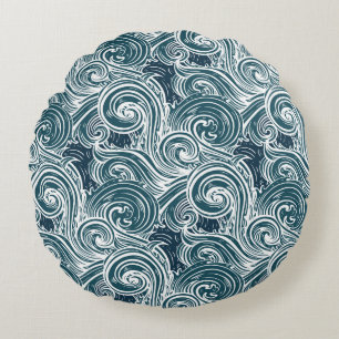 Vintage Hand-Drawn Sea Waves Illustration Round Cushion