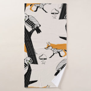 Vintage hand drawn seamless pattern with cute fox, bath towel