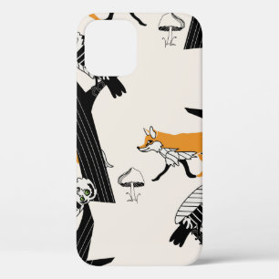 Vintage hand drawn seamless pattern with cute fox, iPhone 12 case