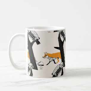 Vintage hand drawn seamless pattern with cute fox, coffee mug