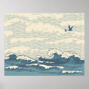 Vintage hand-drawn seascape in retro style with wa poster