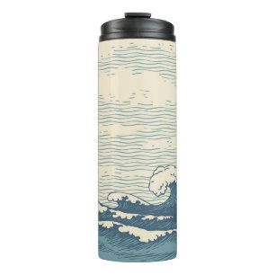Vintage hand-drawn seascape in retro style with wa thermal tumbler
