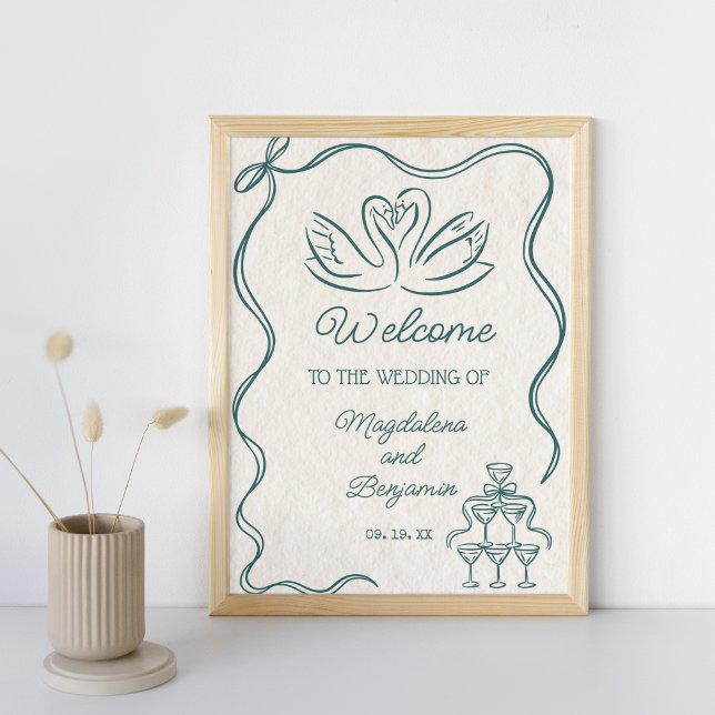 Vintage Hand Drawn Teal Retro Wedding Welcome Poster (Creator Uploaded)