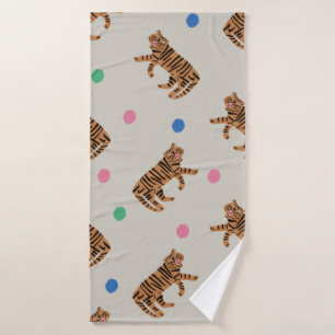 vintage hand-drawn tiger and colourful polka dots  bath towel