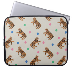 vintage hand-drawn tiger and colourful polka dots laptop sleeve