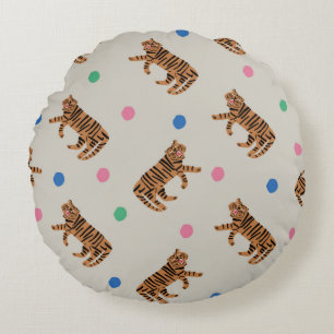 vintage hand-drawn tiger and colourful polka dots round cushion