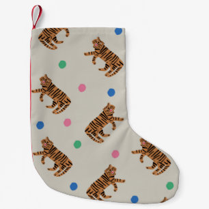 vintage hand-drawn tiger and colourful polka dots small christmas stocking