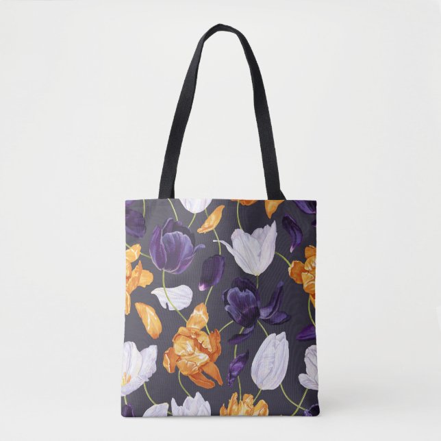 Vintage Hand-Drawn Tulips Dark Pattern Tote Bag (Front)