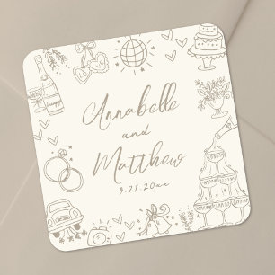 Vintage Hand Drawn Whimsical Wedding Square Sticker