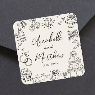 Vintage Hand Drawn Whimsical Wedding Square Sticker