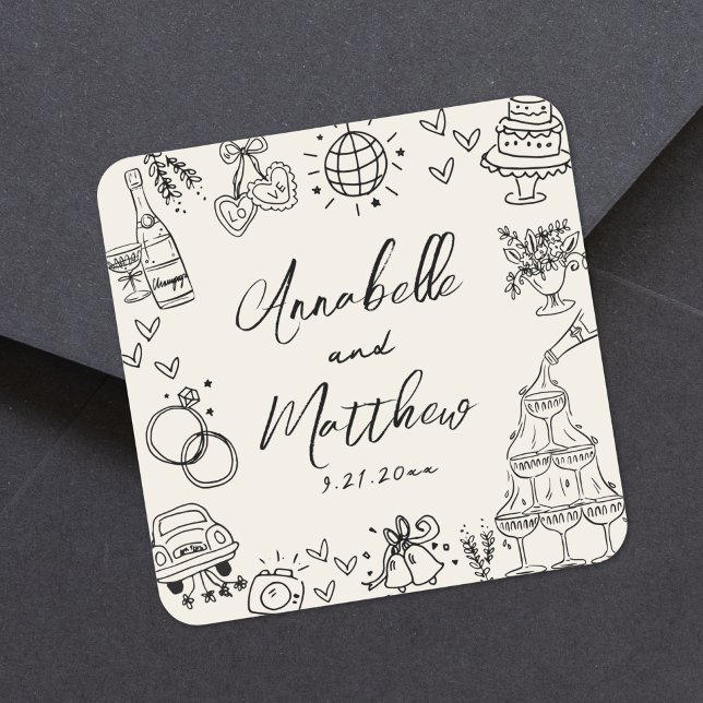 Vintage Hand Drawn Whimsical Wedding Square Sticker (Vintage Hand Drawn Whimsical Wedding Square Sticker )