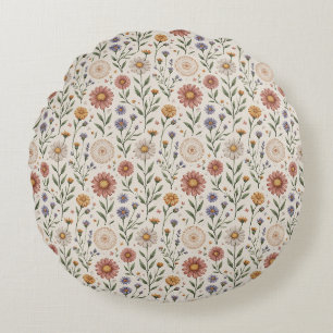 Vintage Hand-Drawn Wildflowers Patchwork Seamless Round Cushion