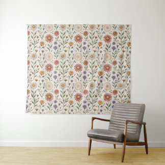 Vintage Hand-Drawn Wildflowers Patchwork Seamless Tapestry