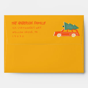 Vintage Hand Drawn Yellow Red Car Truck Christmas Envelope