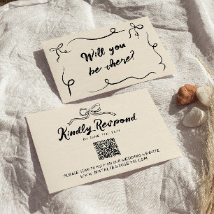 Vintage Hand Written Modern Bow QR Code Wedding RSVP Card