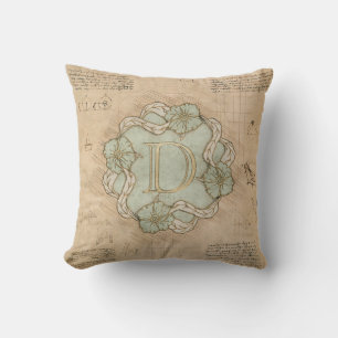 Vintage Handcrafted Letter D Word Art Green Gold   Cushion
